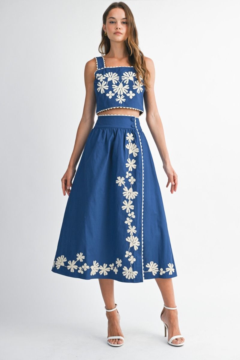 Navy Embroidered Skirt Set