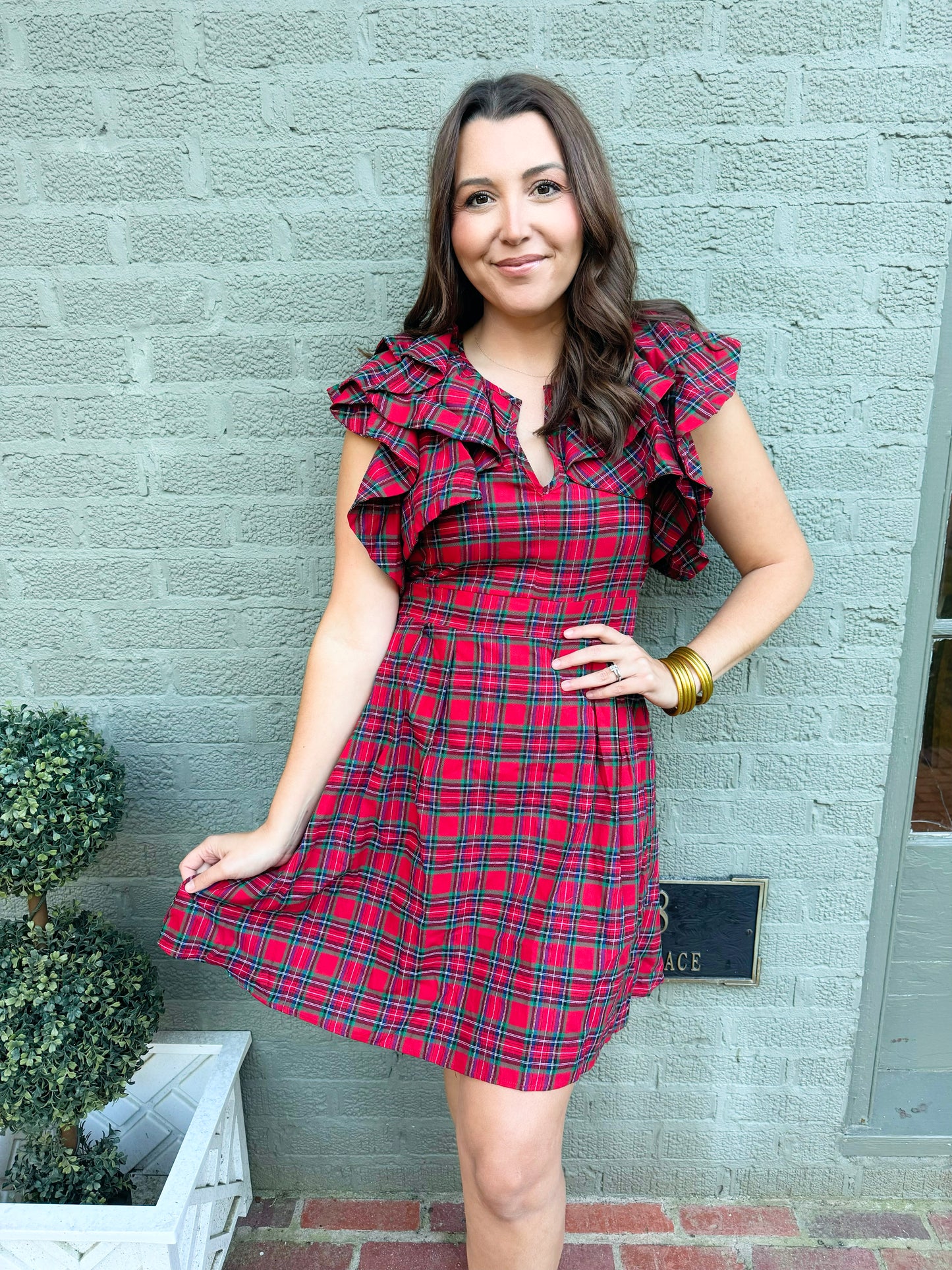 Red Plaid Ruffle Sleeve Dress