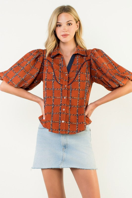 Rust Puff Sleeve Plaid Corduroy Top