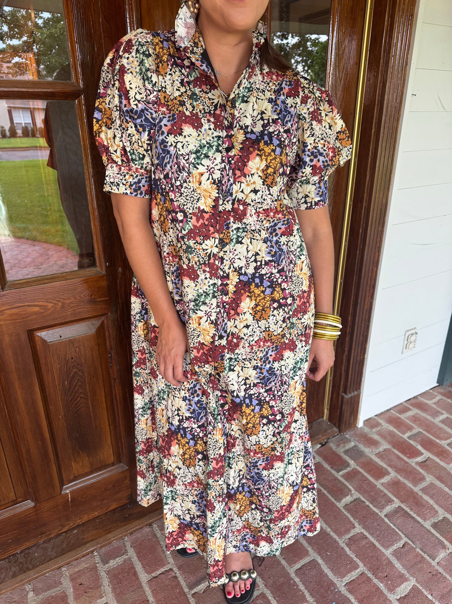 Fall Floral Stand Collar Midi Dress