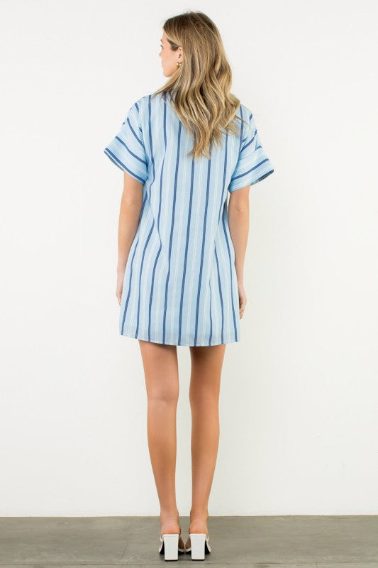 Blue Short Sleeve Striped Dress