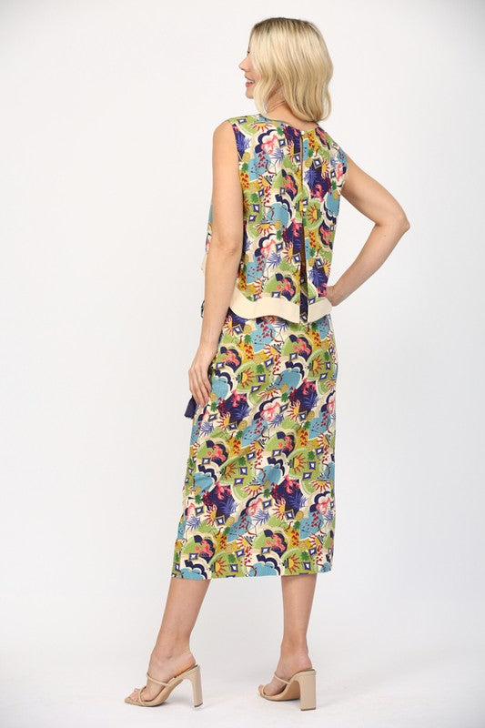 Multi Color Contrast Linen Blend Wrap Skirt Set