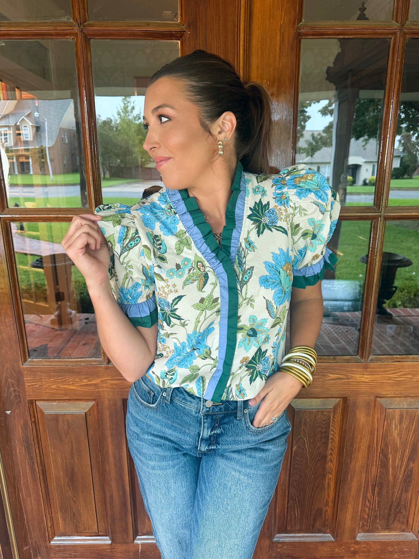 Blue Green Floral Ruffle Top