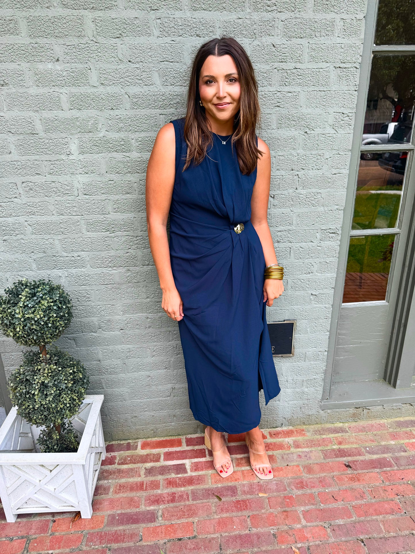 Navy Cinch Waist Midi