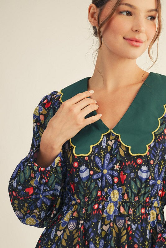 Black Floral Statement Collar Dress