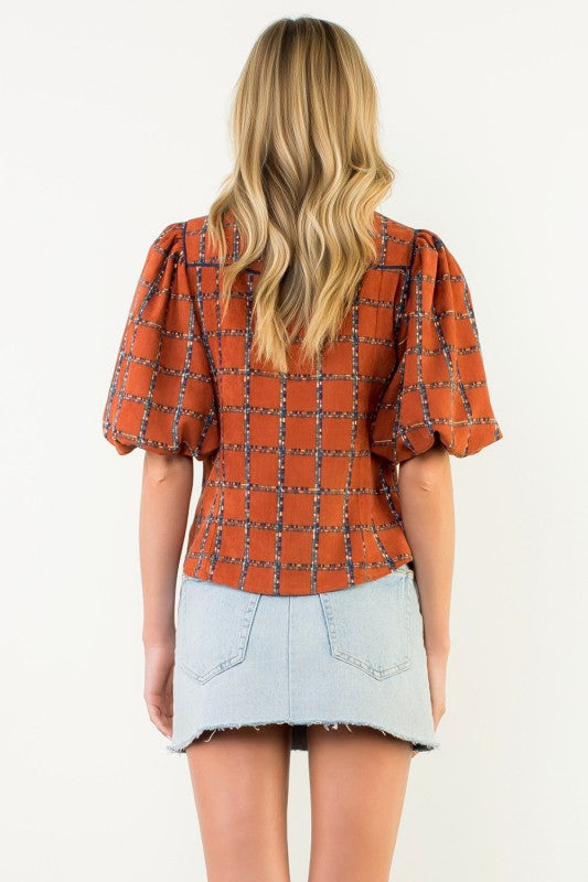 Rust Puff Sleeve Plaid Corduroy Top