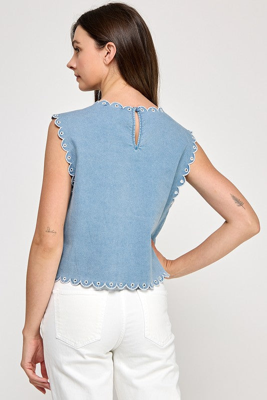 Blue Embroidery Laser Cut Top