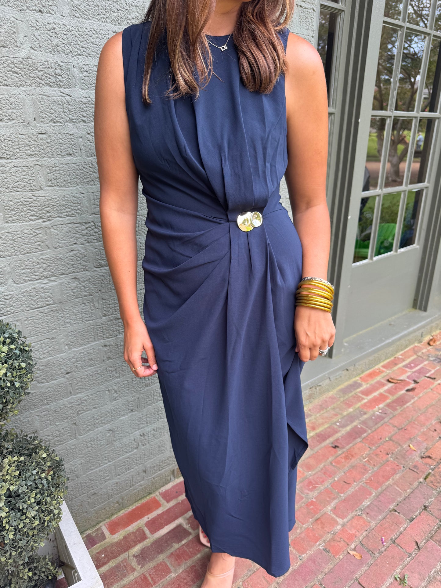 Navy Cinch Waist Midi