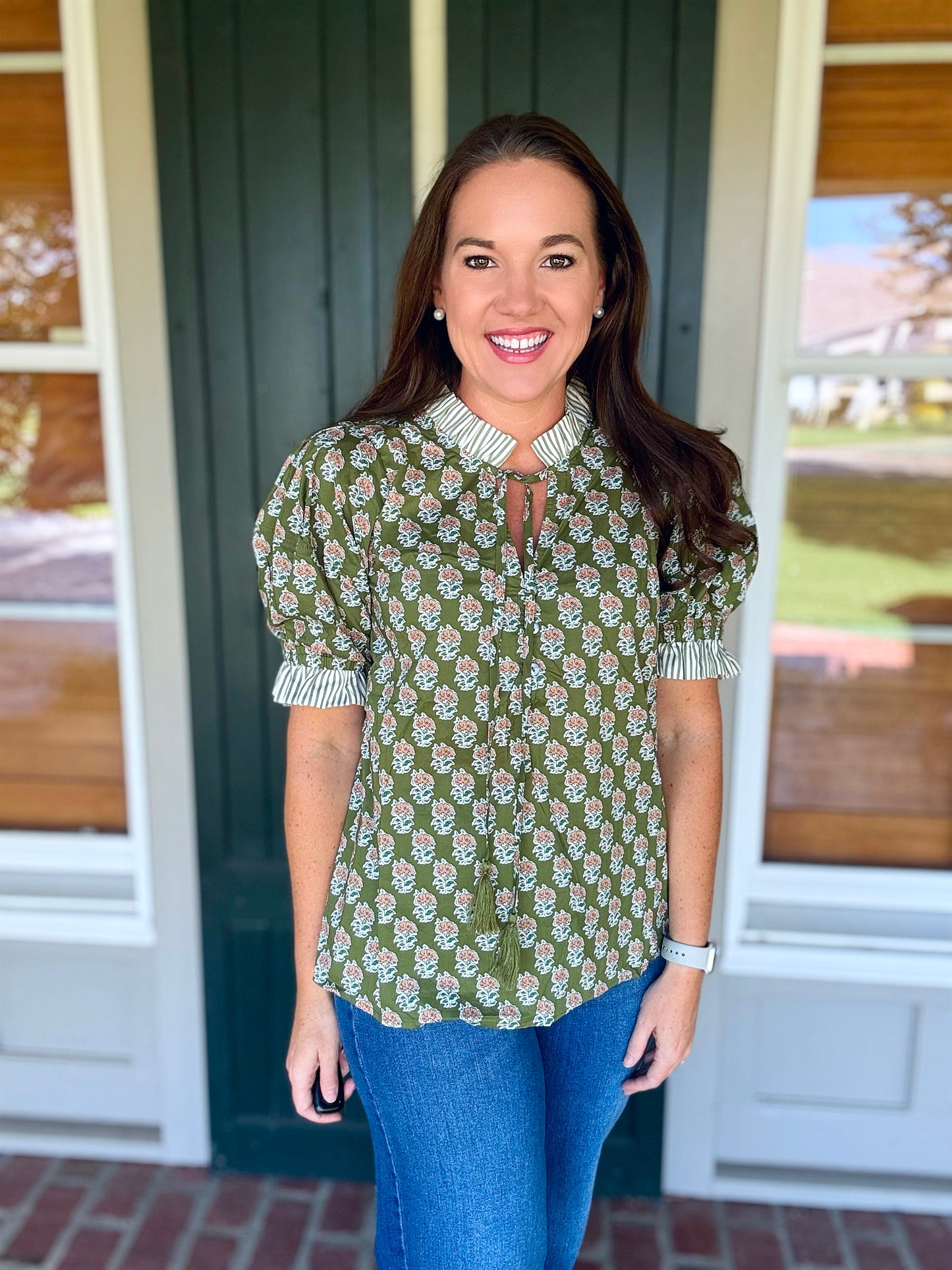 Olive Block Print Top