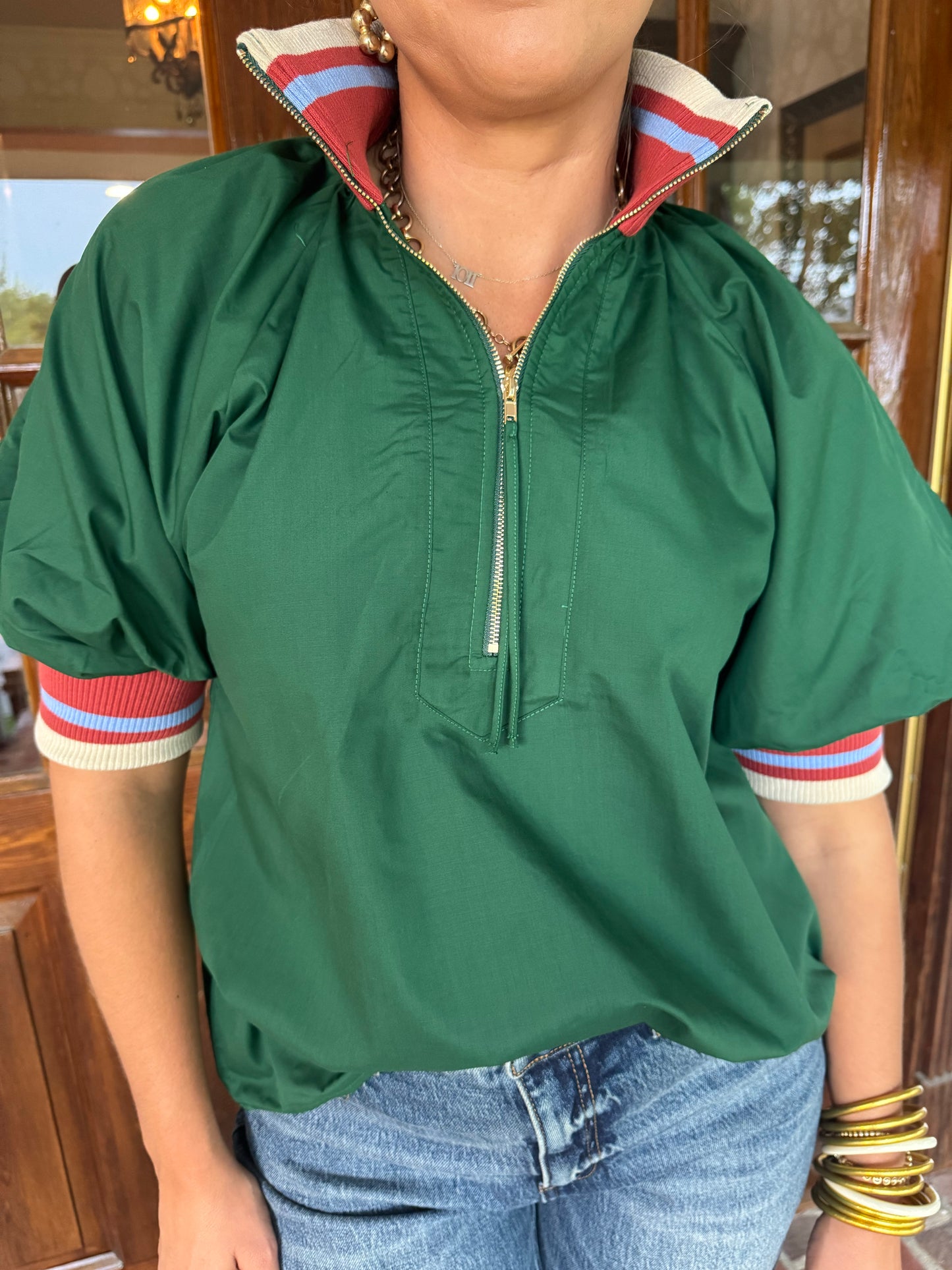 Green Contrast Detail Top