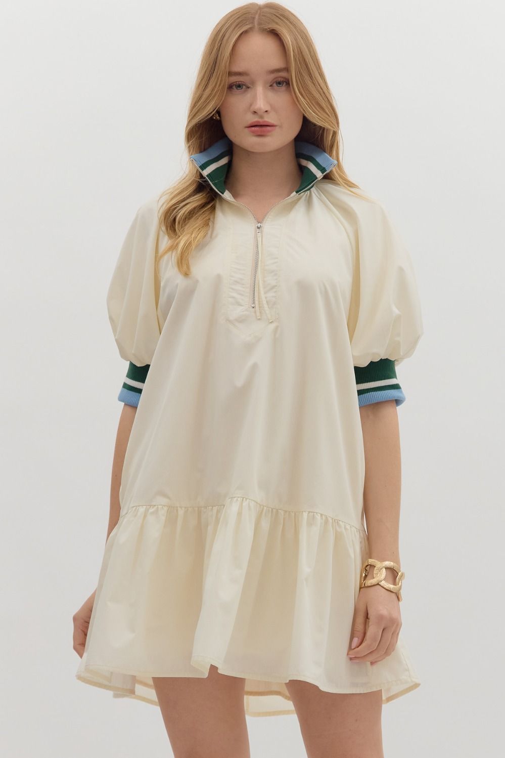 Cream Half Zip Contrast Detail Dress
