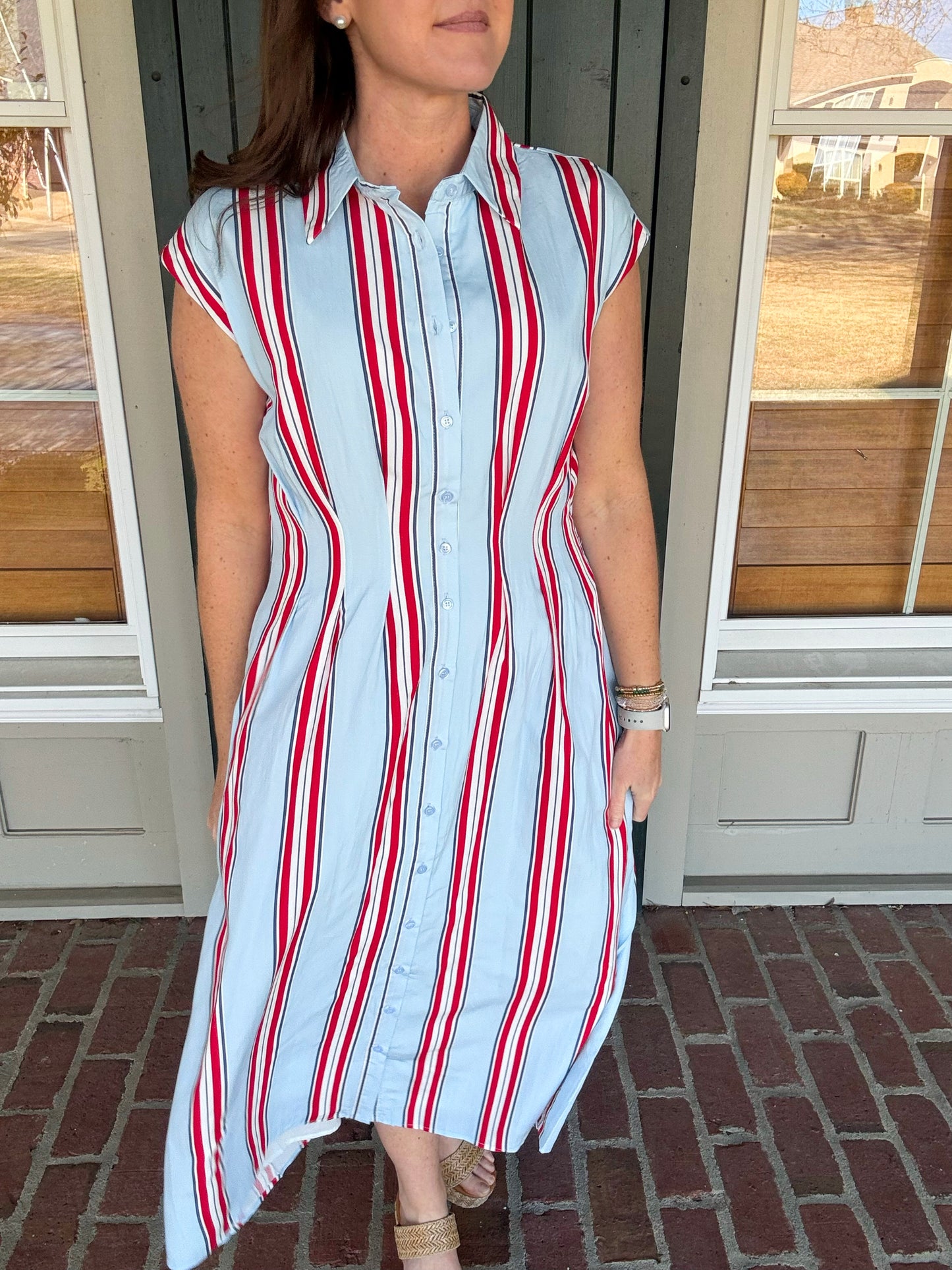 Blue Fitted Bodice Striped Button Down Midi