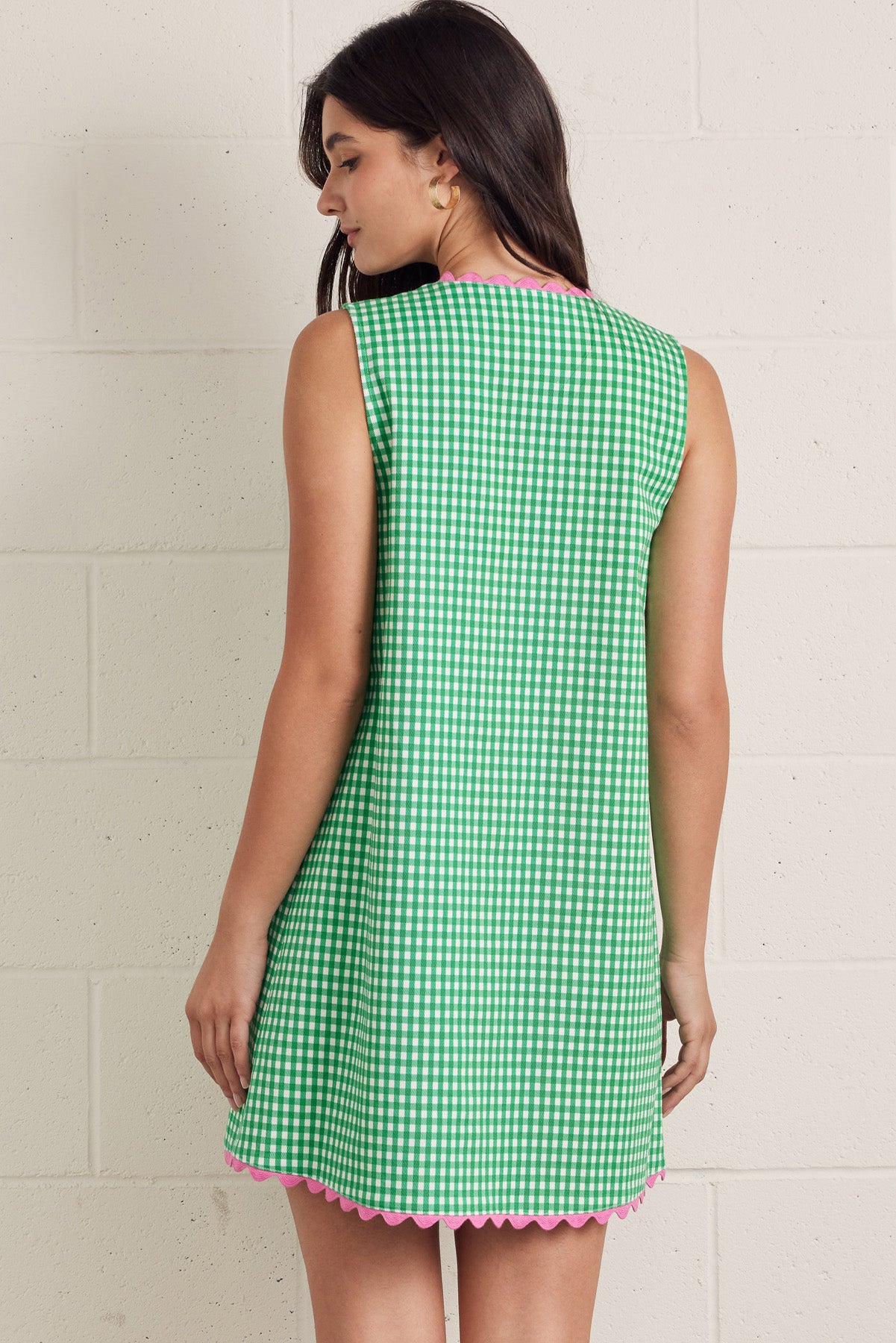 Green Gingham with Pink Ric Rac Trim Shift Dress
