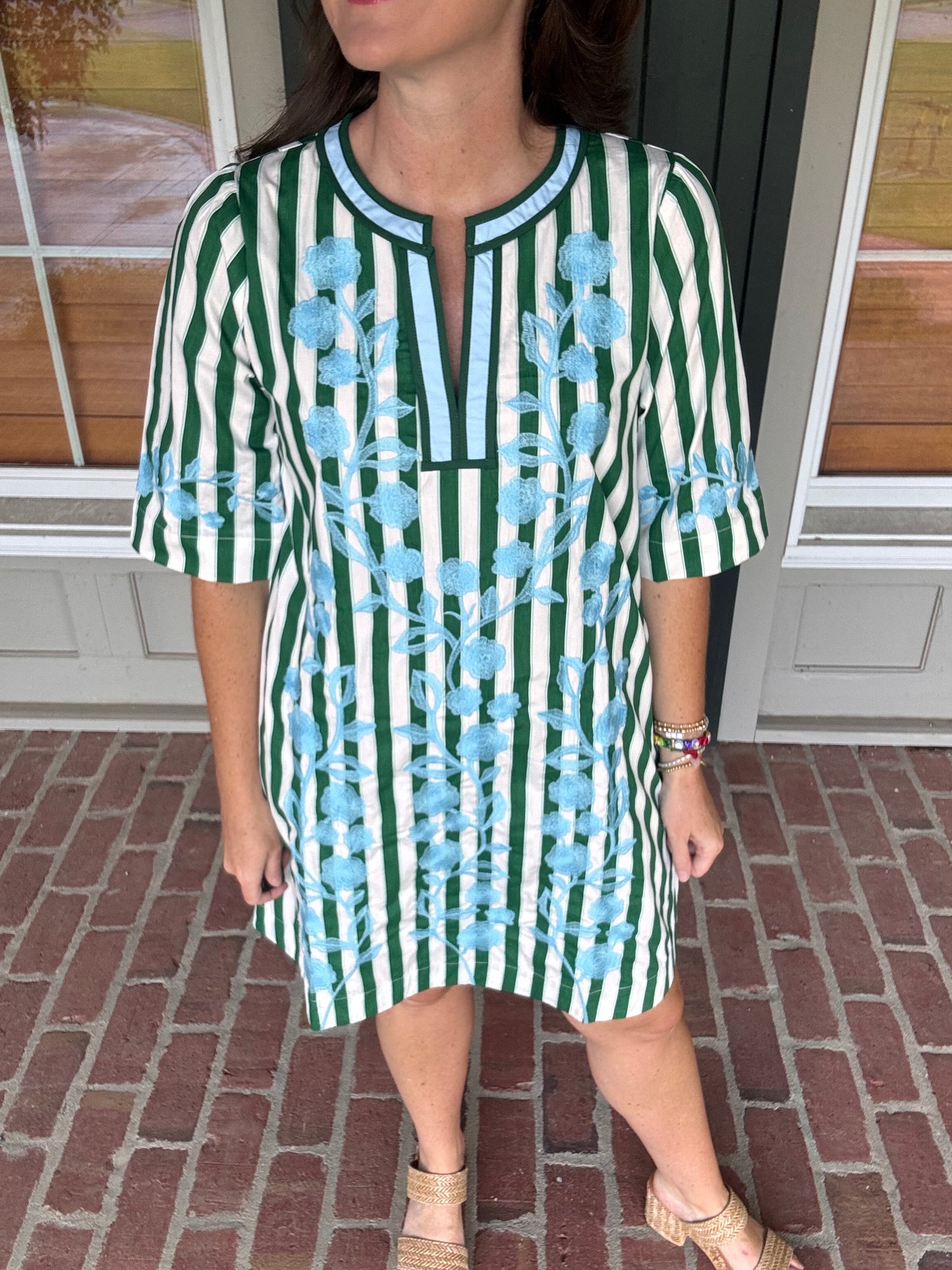 Green Stripe Embroidered Dress