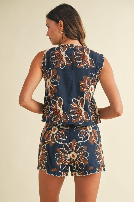 Navy Floral Embroidered Short Set