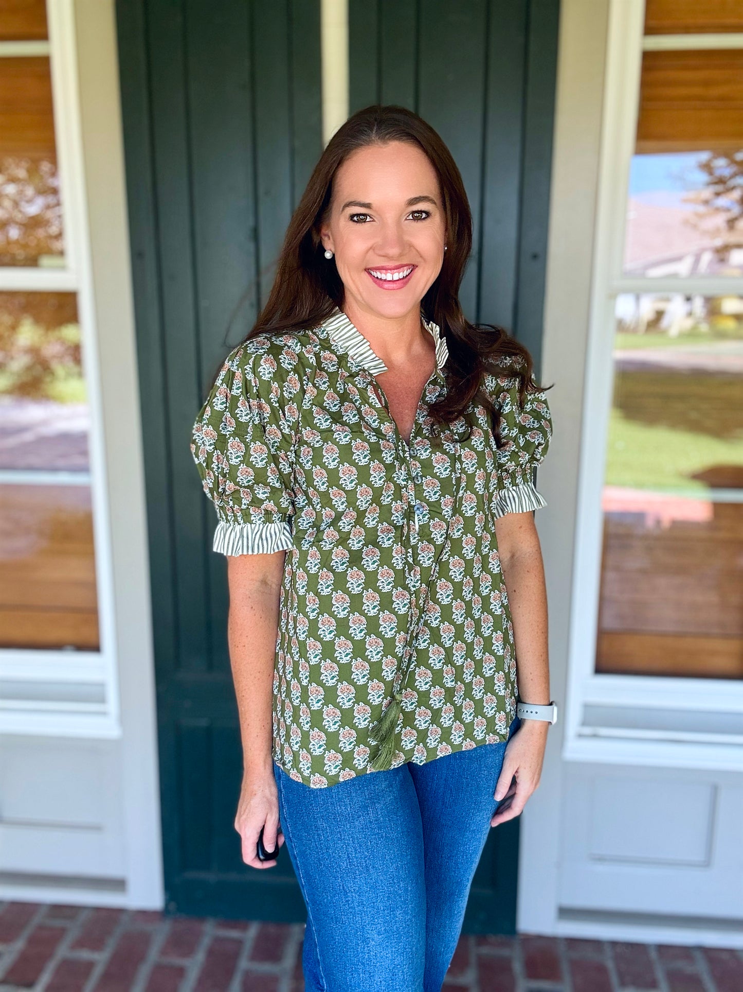 Olive Block Print Top