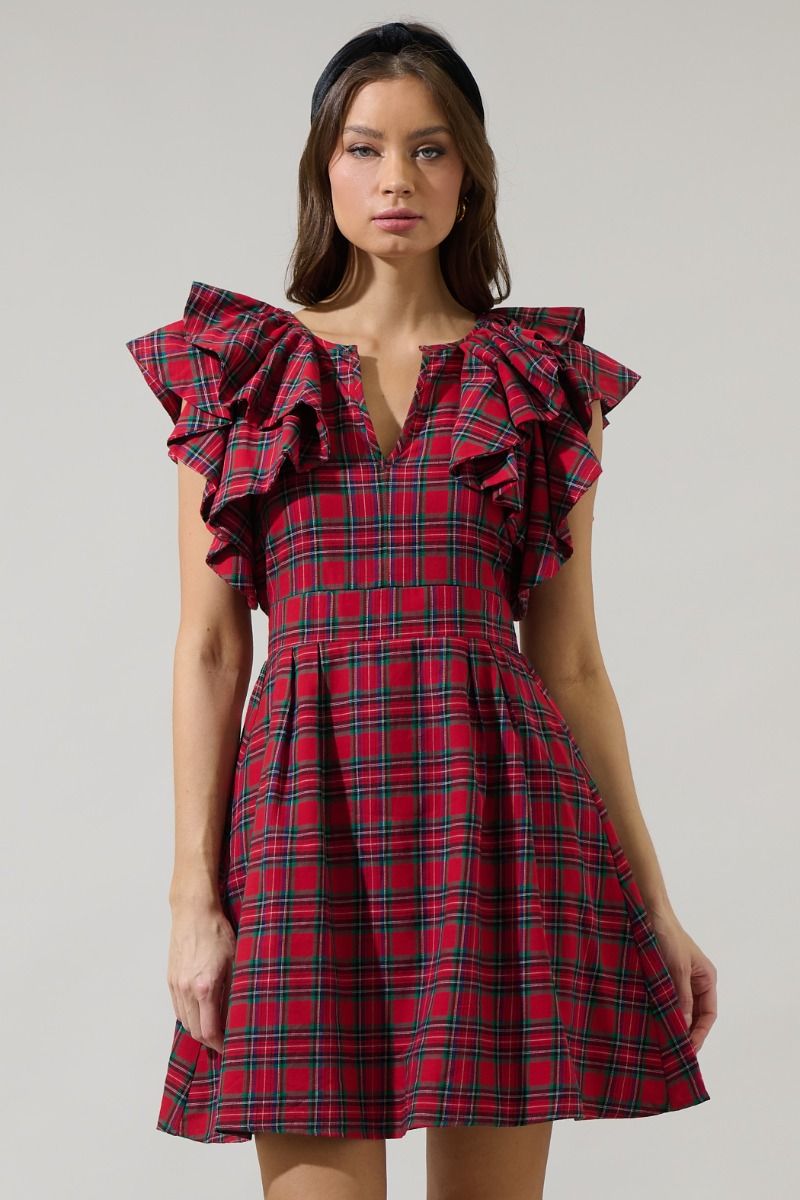 Red Plaid Ruffle Sleeve Dress