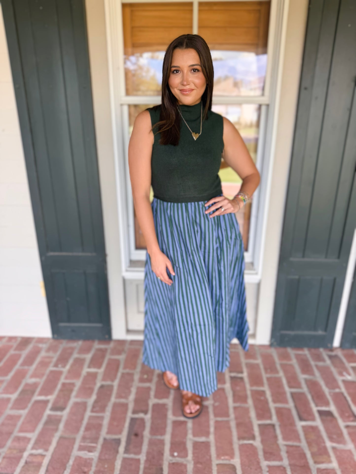 Green Fitted Bodice Striped Midi Dress