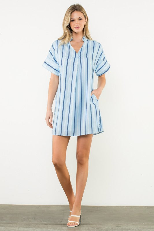 Blue Short Sleeve Striped Dress