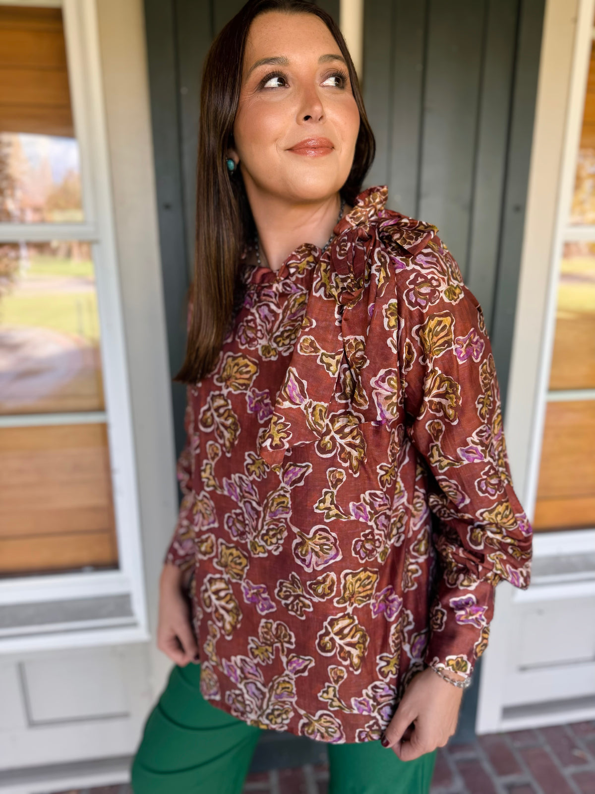 Ruffle Neck Long Sleeve Print Blouse
