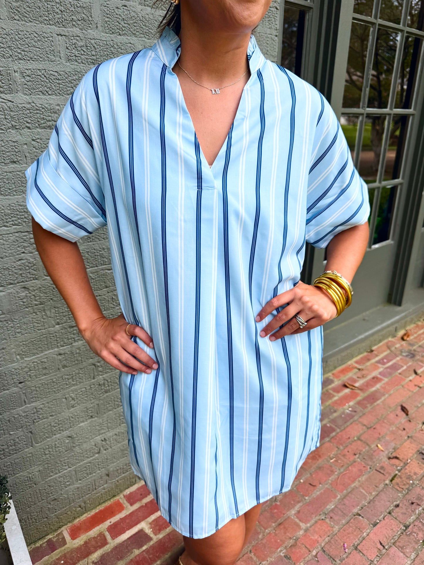 Blue Short Sleeve Striped Dress