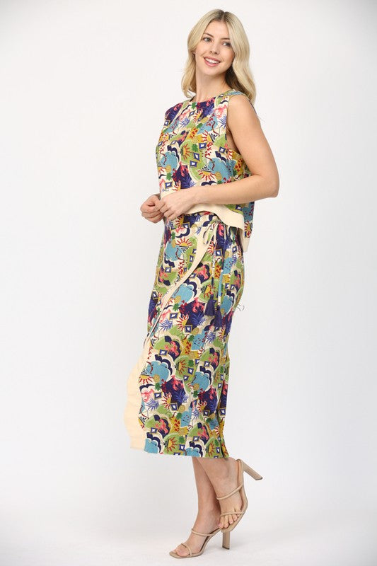 Multi Color Contrast Linen Blend Wrap Skirt Set