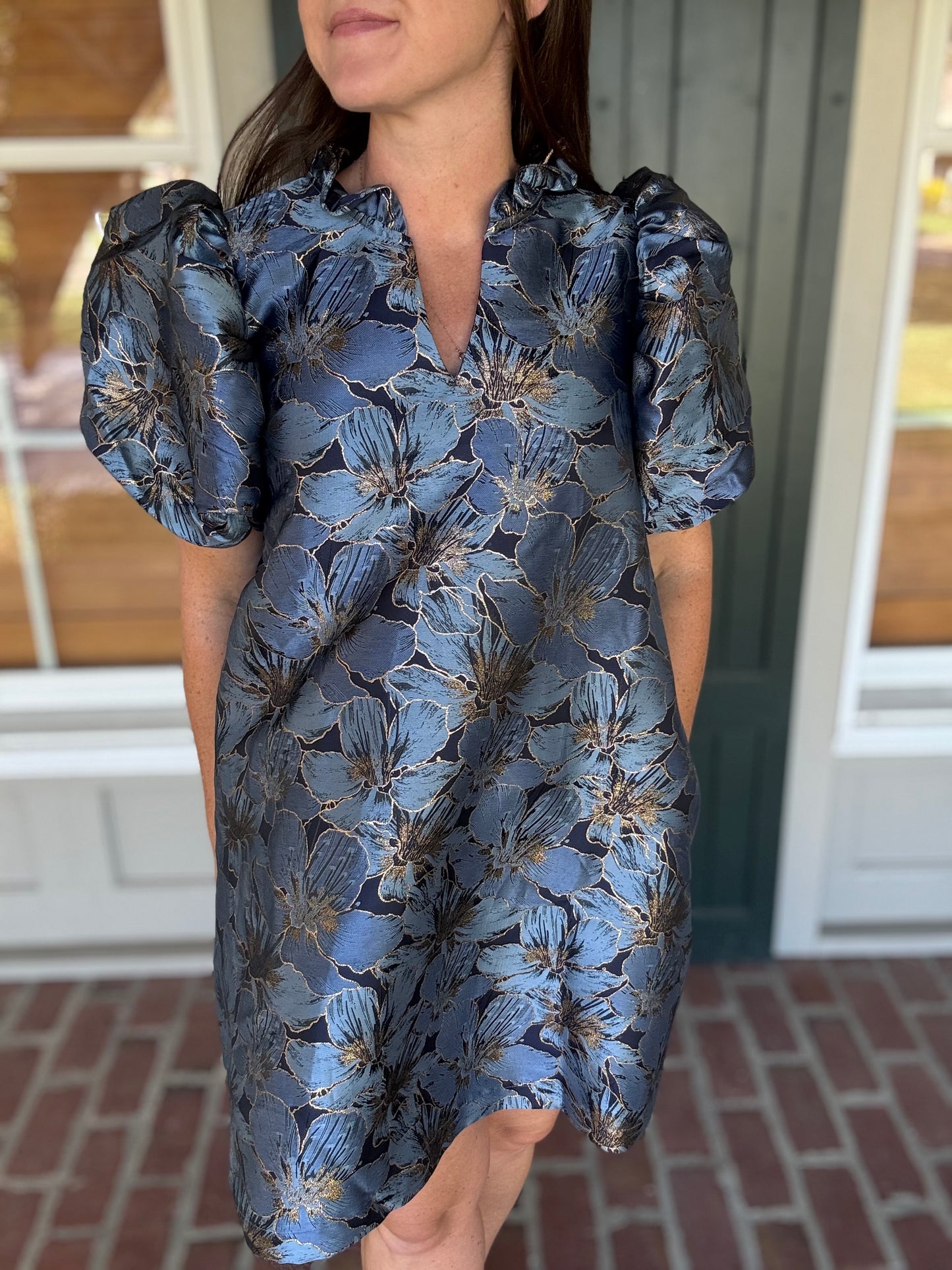 Blue Jacquard Ruffle Neck Dress