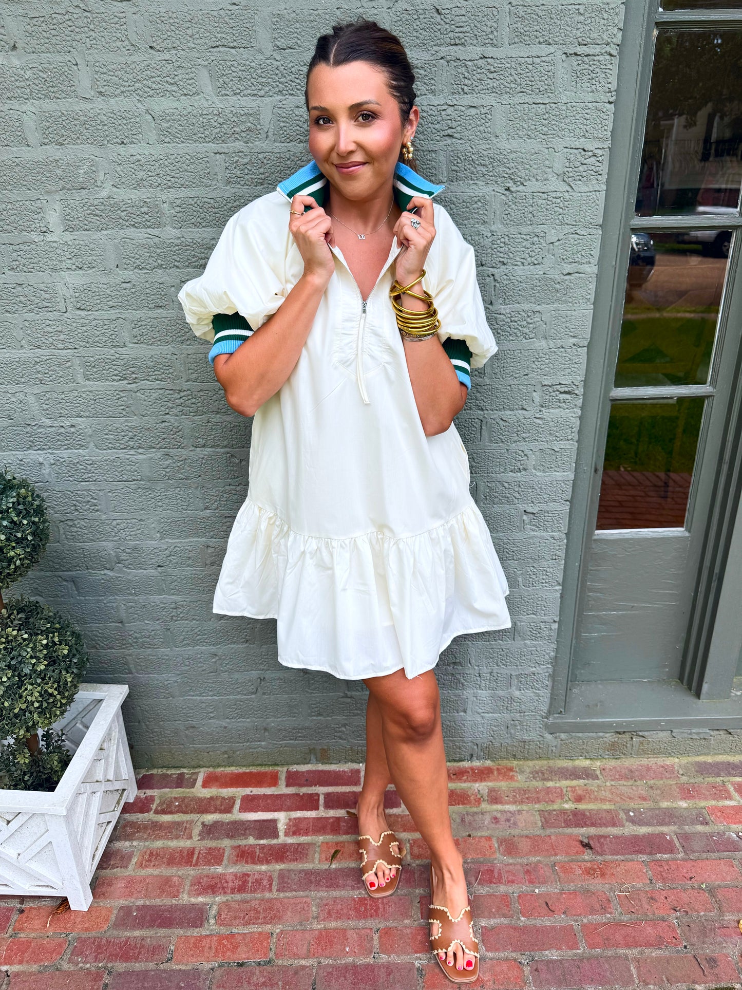 Cream Half Zip Contrast Detail Dress