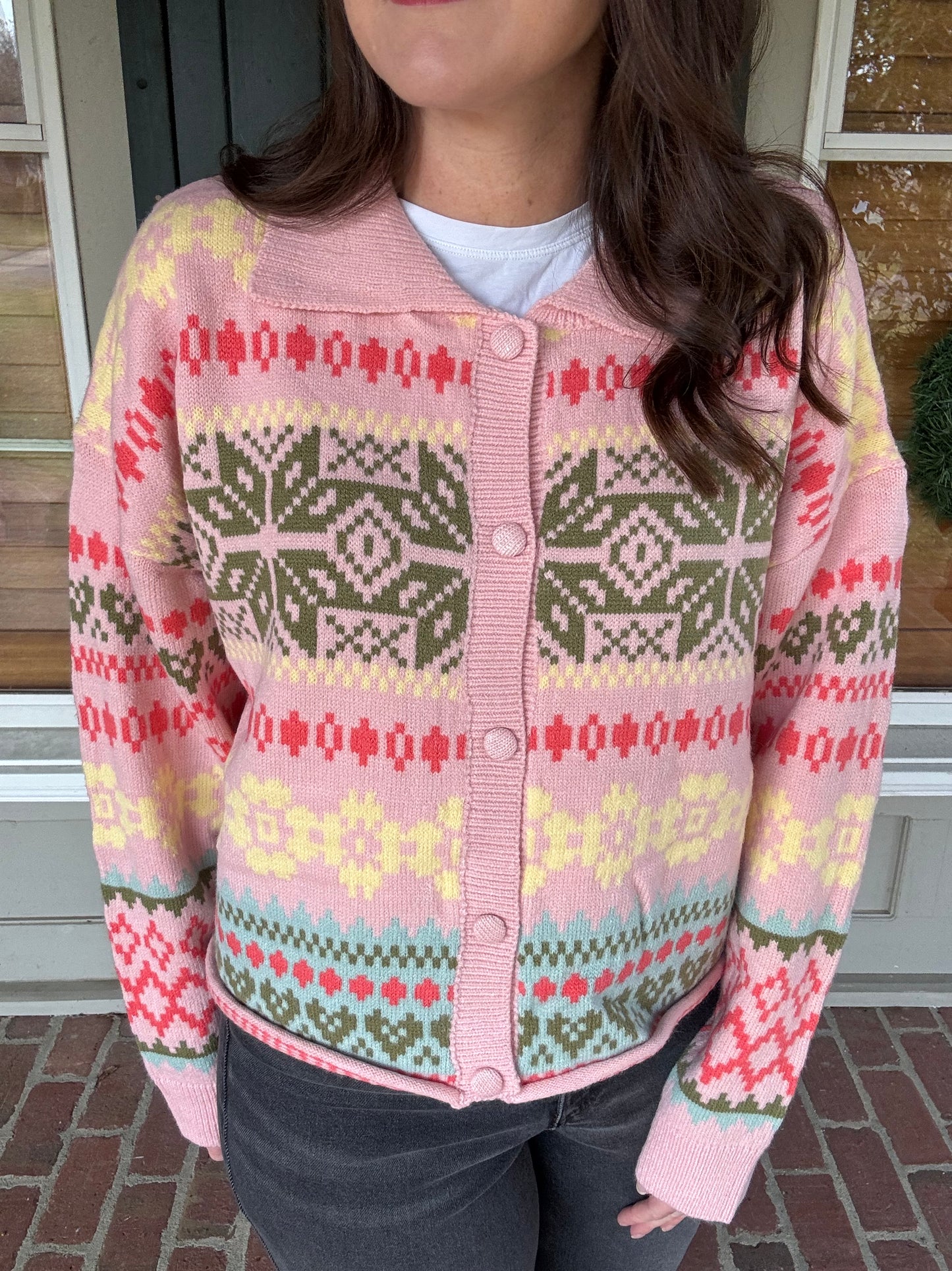Blush Pink Fair Isle Button Up Collared Sweater
