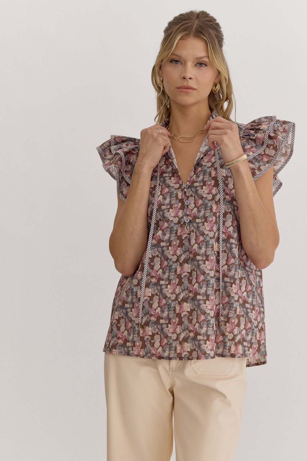 Brown Floral Slutter Sleeve Top