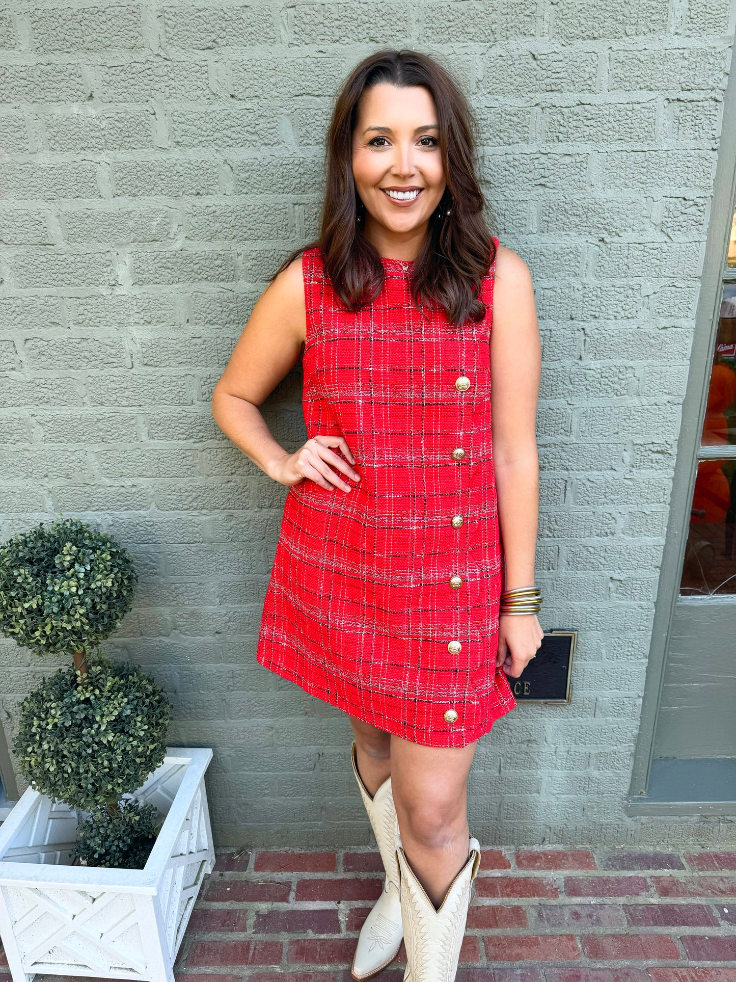 Red Tweed Scallop Detail Dress