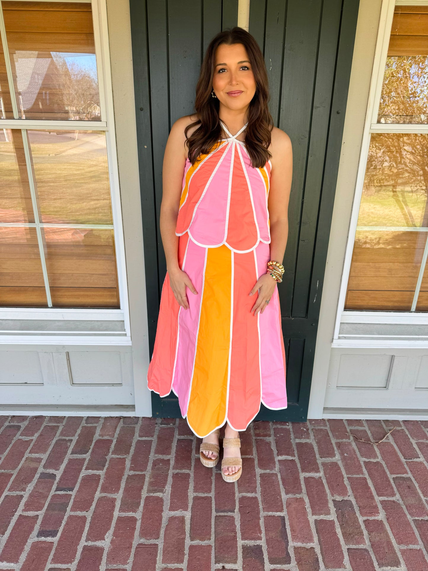 Peach Colorblock Scalloped Skirt Set