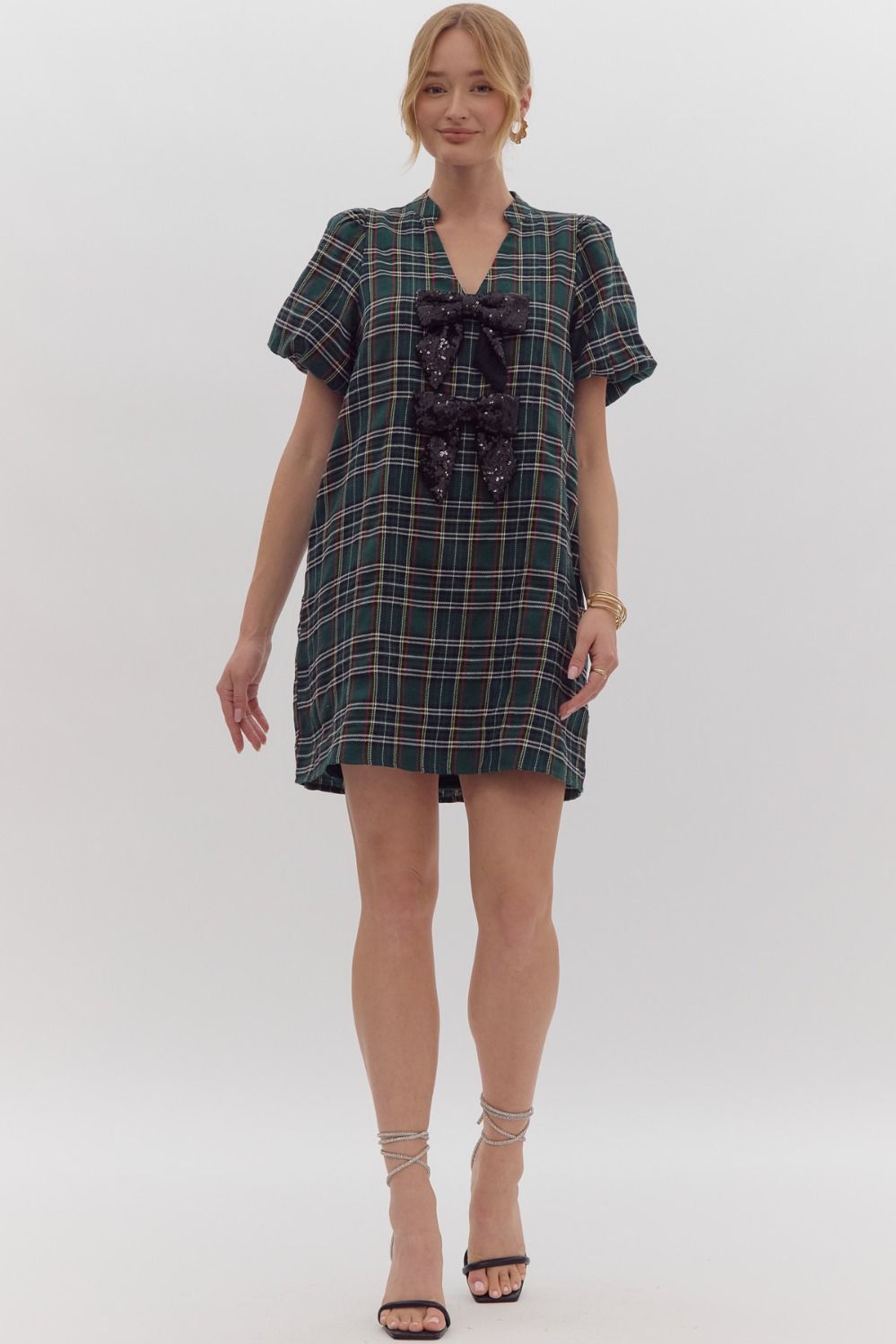 Green Tartan Plaid Rhinestone Bow Dress