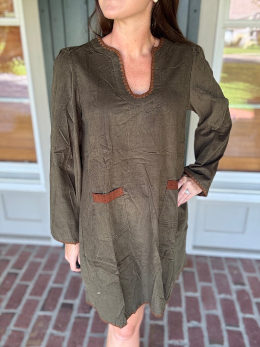Olive Cord U-Neck Flare Sleeve Dress