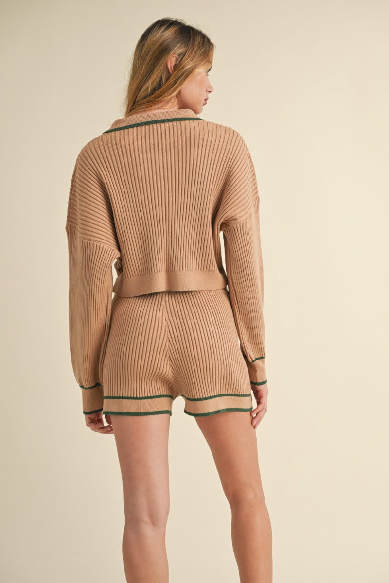 Light Mocha V Neck Collar Knit Short Set