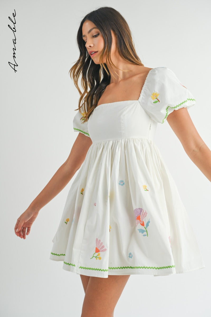 Off White Embroidered Babydoll Dress