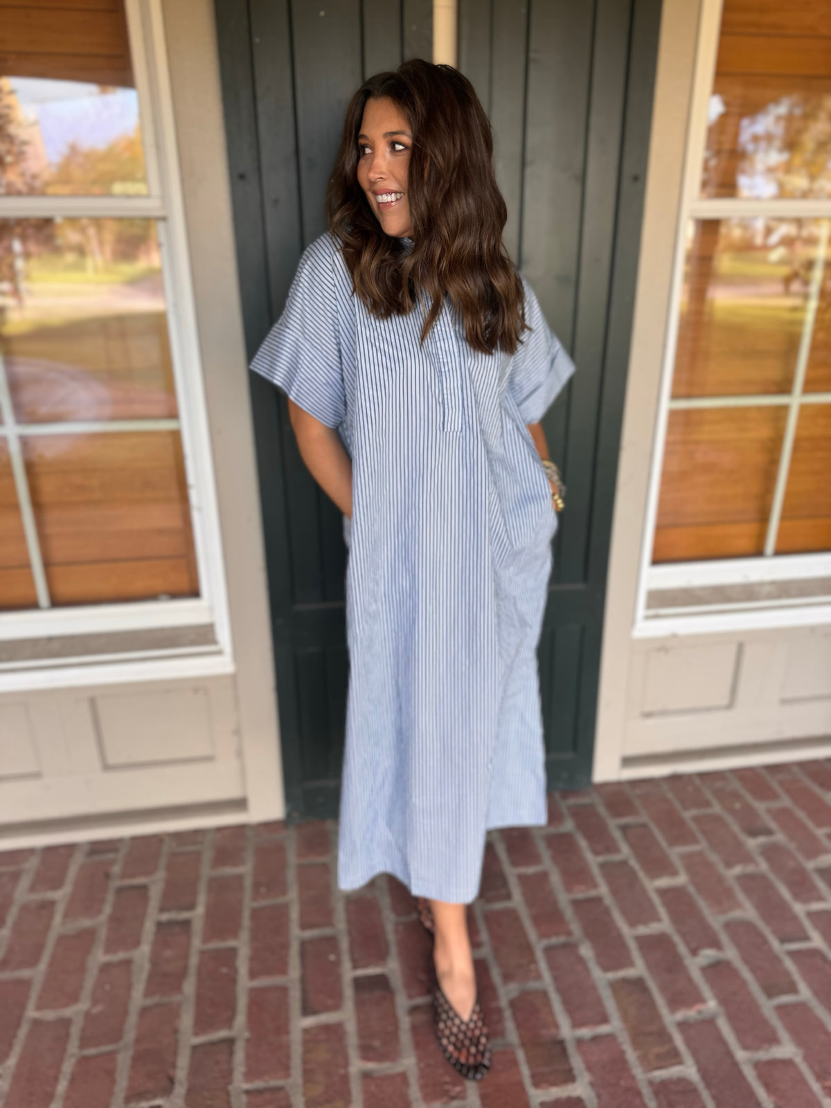 Dusty Blue Striped Midi Shirt Dress