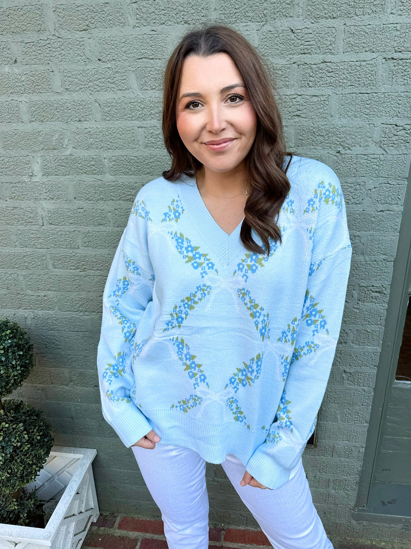 Light Blue Floral Ribbon Print Sweater