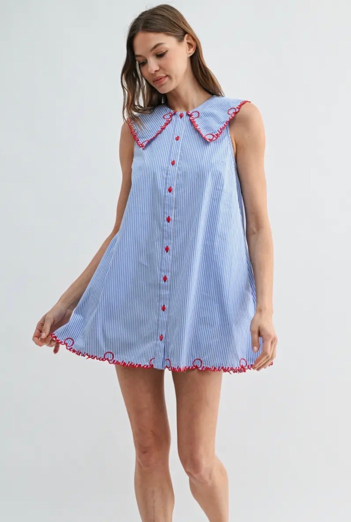 Red and Blue Embroidered Collar Shift Dress