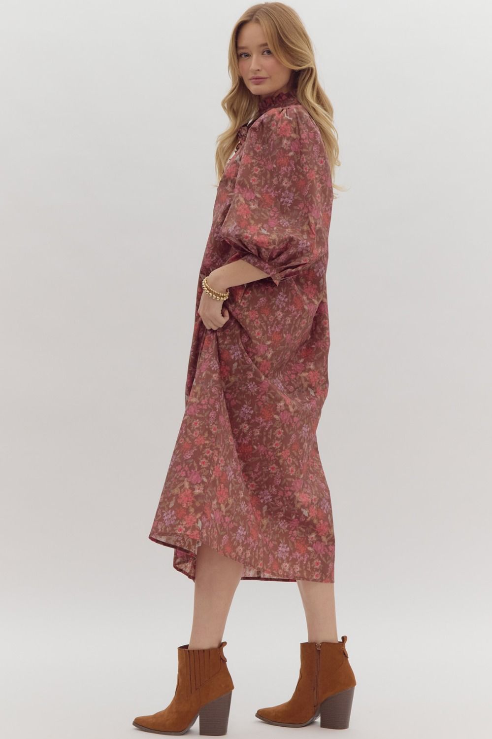 Brown Floral High Neck Puff Sleeve Dress