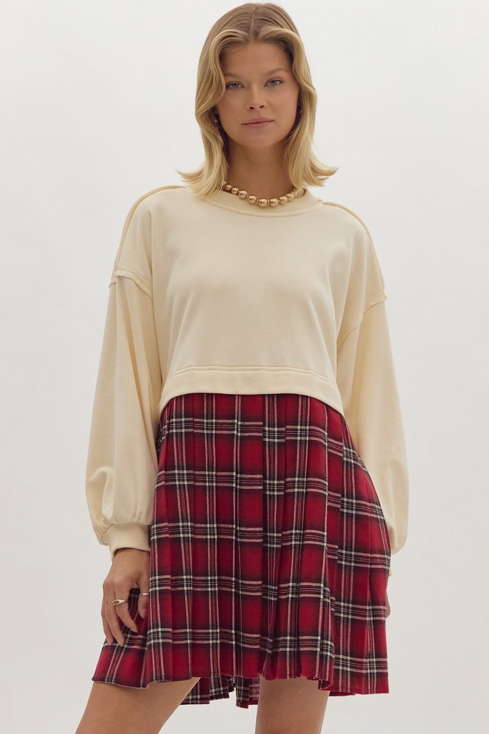 Ecru/Red Tartan Sweater Top Dress