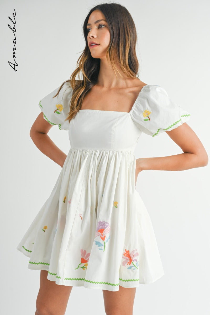 Off White Embroidered Babydoll Dress