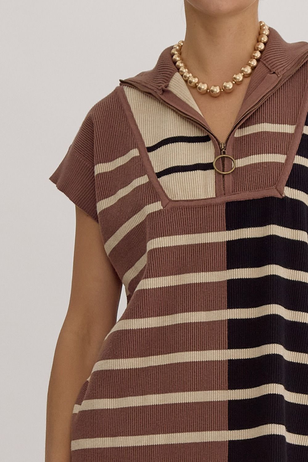 Brown Multi Ribbed Colorblock Dress