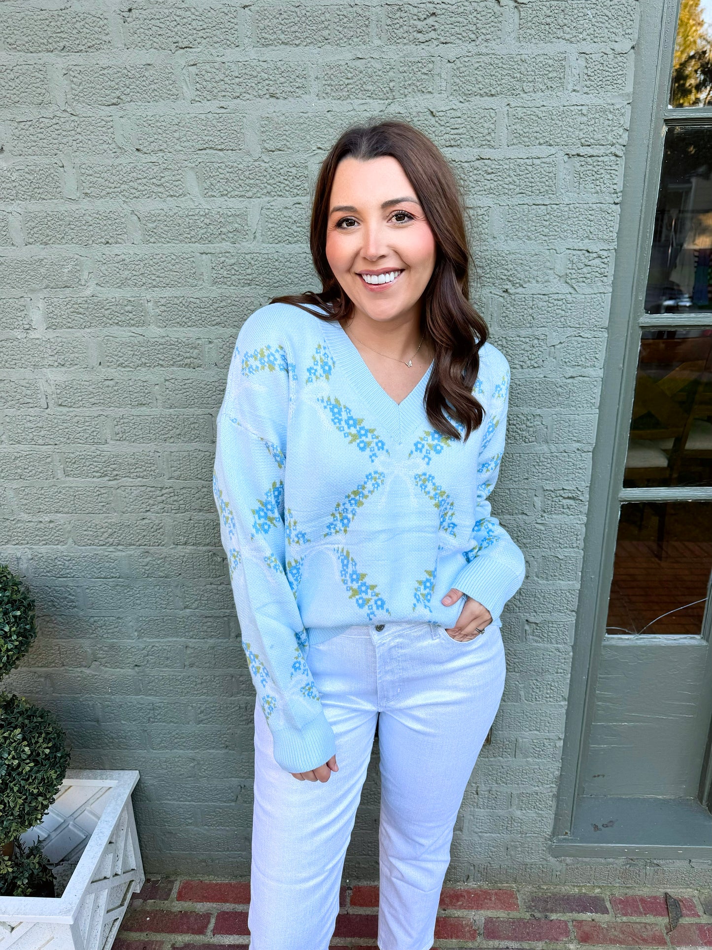 Light Blue Floral Ribbon Print Sweater