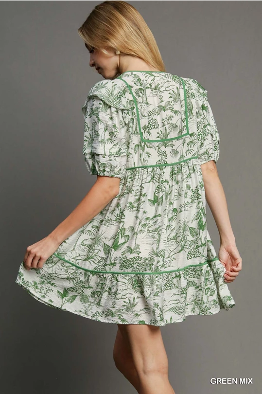 Green Toile V-Neck Dress