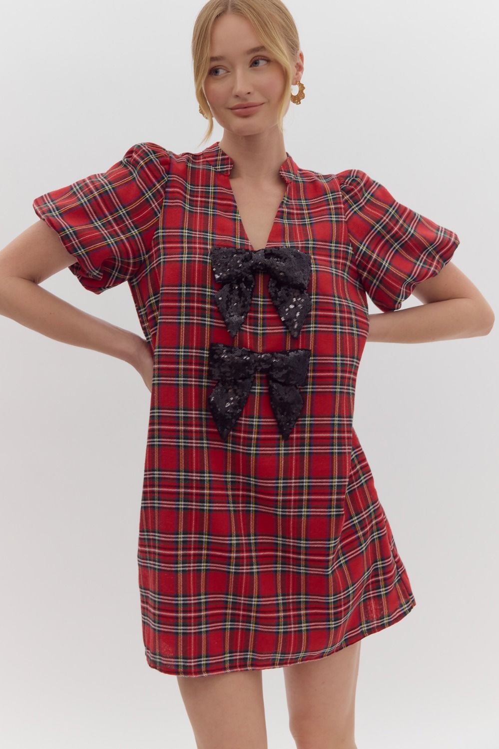 Red Tartan Sequin Bow Dress