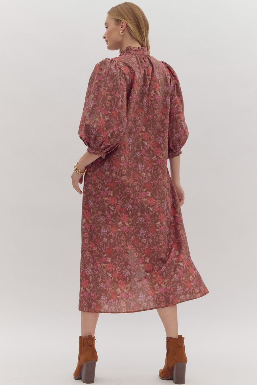 Brown Floral High Neck Puff Sleeve Dress