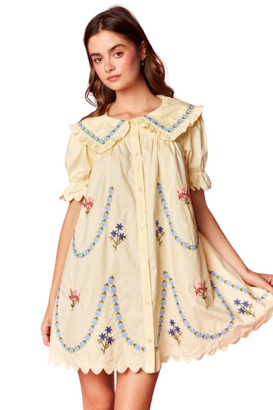 Yellow Floral Embroidered Scallop Hem Dress