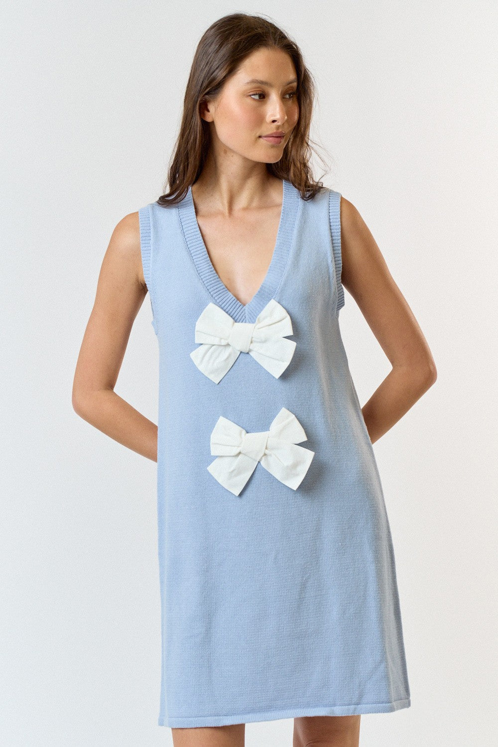 Sky/White Sleeveless Bow Dress