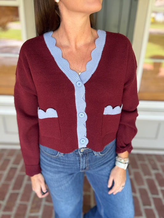 Wine Scallop Trim Cardigan